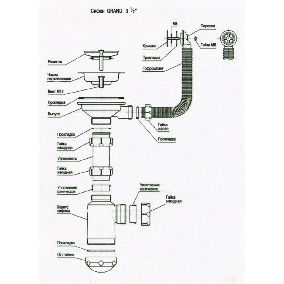 Сборка сифона инструкция. Сифон Гранд 3 1/2. Диаметр сливного отверстия, дюйм 3 1/2 для сифона. Сборка сифона для моек Гранд. Сифон а0145s схема сборки.